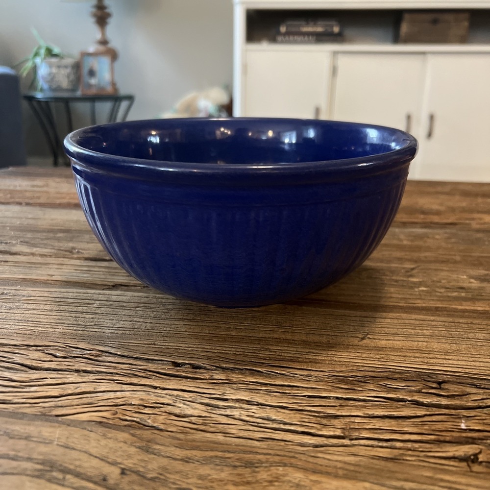 Vintage Cobalt Blue Stoneware Ceramic Mixing Bowl Ribbed Design 8"